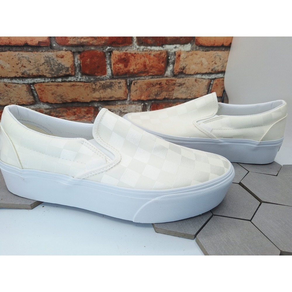 Vans Classic Slip-On Stackform Satin Checkerboard White Men Sz 10 / Women 11.5